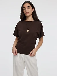 T-shirt rayé à manches courtes et col rond avec fronces latérales