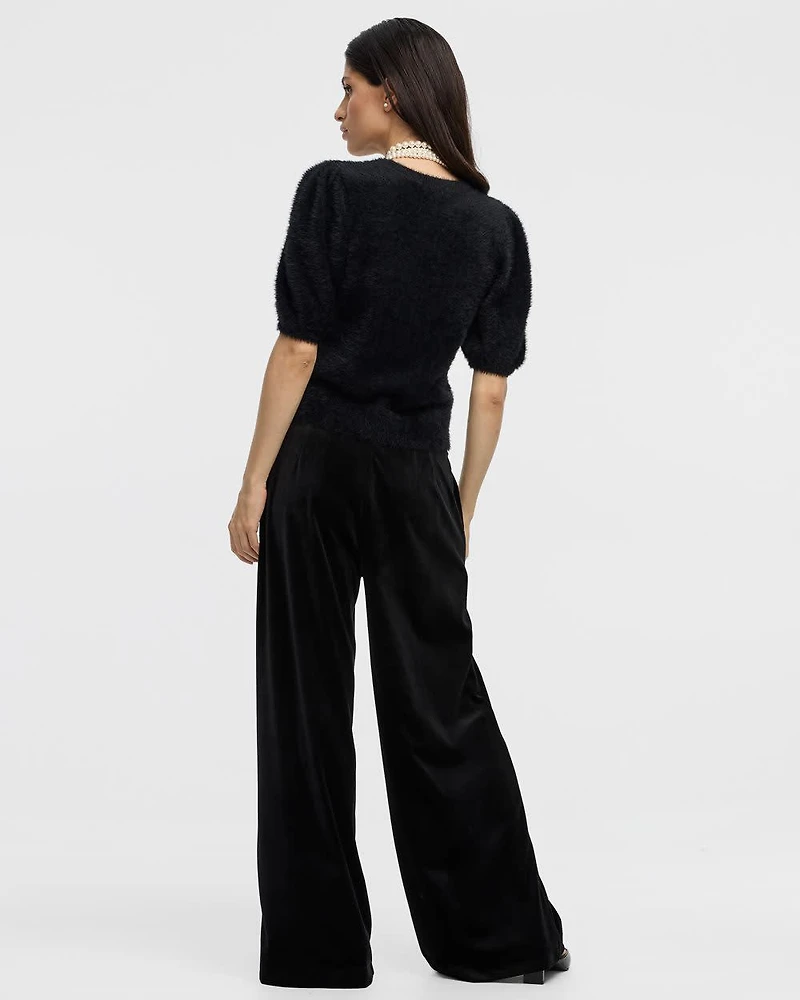 Short-Sleeve Crew-Neck Feather-Yarn Pullover