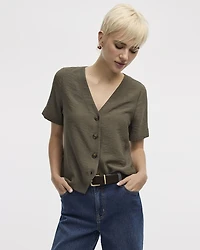 Short-Sleeve V-Neck Buttoned-Down Blouse