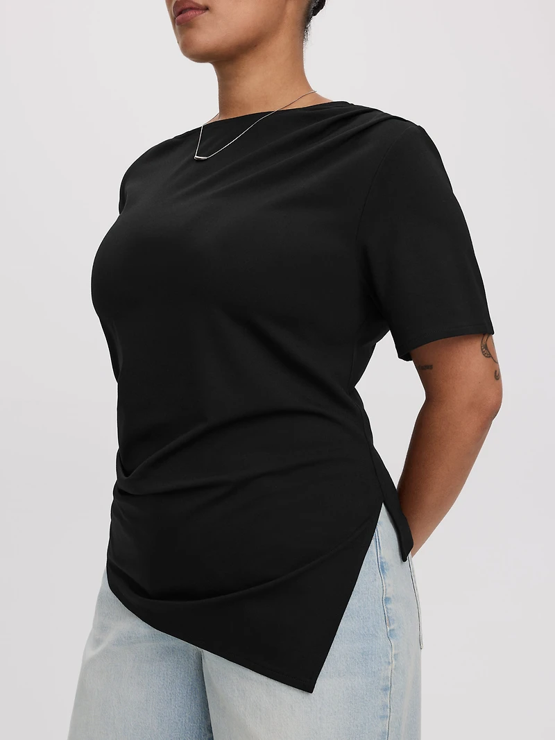 Short-Sleeve Shirred Top with Asymmetrical Hem