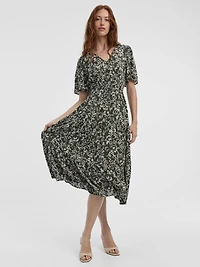 Short-Flutter-Sleeve V-Neck Tiered Midi Dress