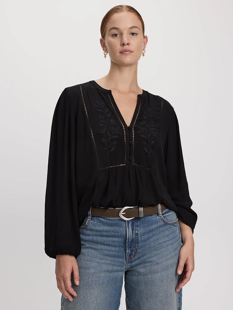 Long-Sleeve Split-Neck Blouse with Embroideries