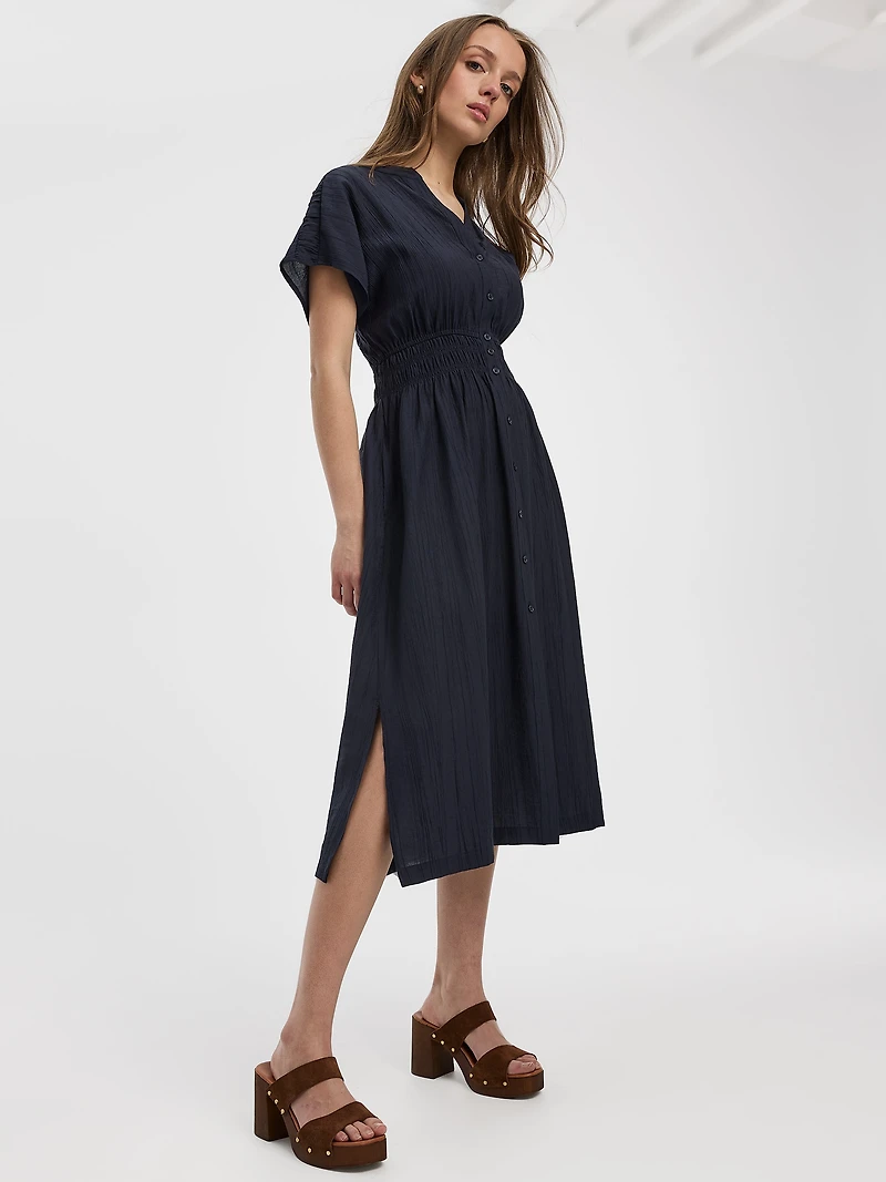 Elbow-Sleeve Midi Shirtdress