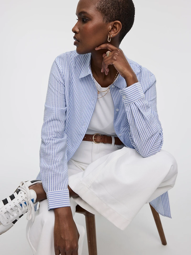 Blouse boutonnée gaufrée à manches longues