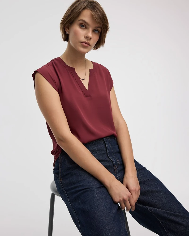 Cap Sleeve Split Neck Blouse - R Essentials