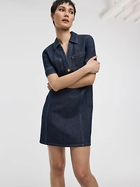 Elbow-Sleeve Shirt-Collar Denim Mini Dress