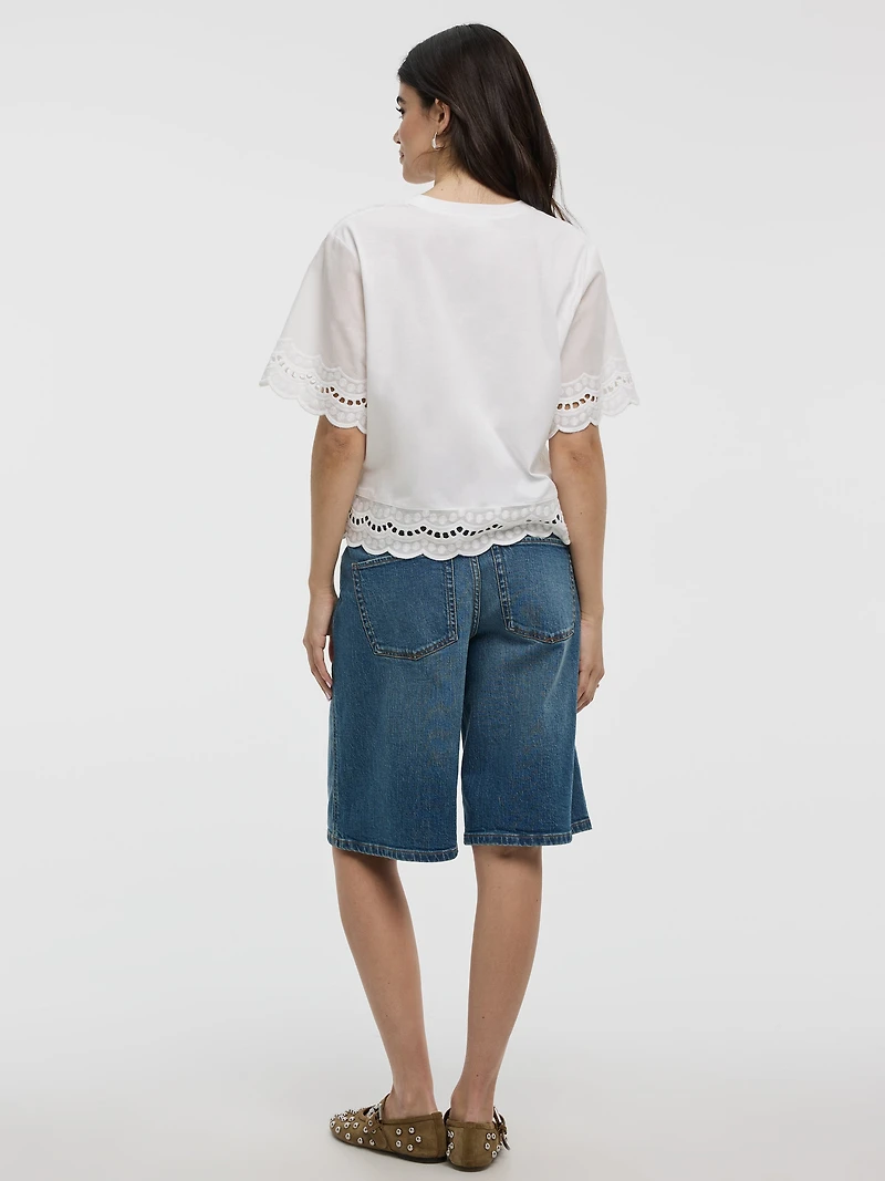 Short-Sleeve Mix-Media Top with Embroidered Trims
