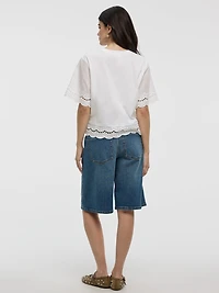 Short-Sleeve Mix-Media Top with Embroidered Trims
