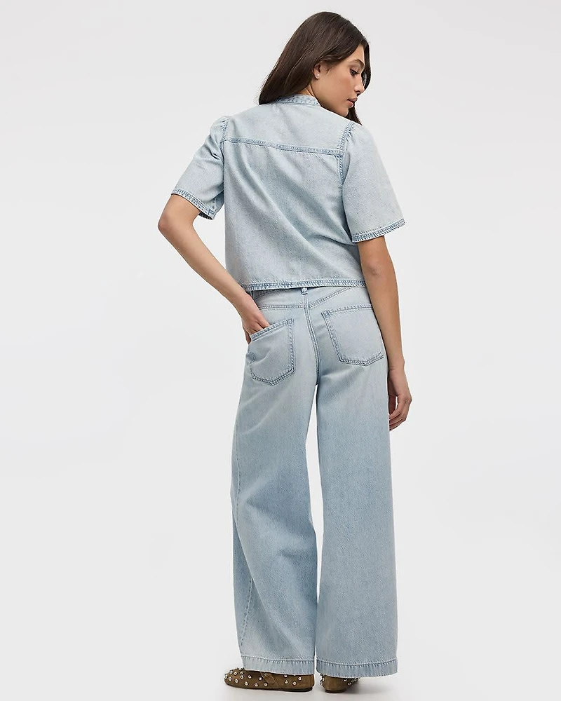 Crew-Neck Denim Shirt with Short Flutter Sleeves