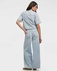 Crew-Neck Denim Shirt with Short Flutter Sleeves