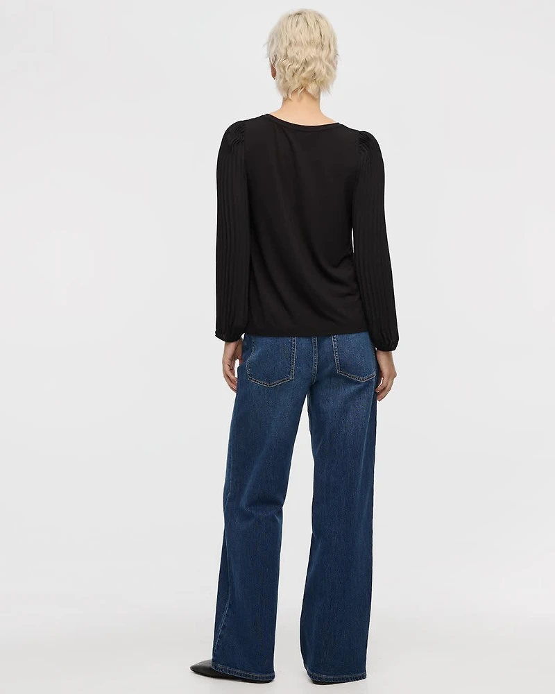 Pleated-Long-Sleeve Boat-Neck Mix-Media Top