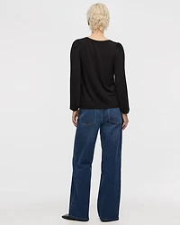 Pleated-Long-Sleeve Boat-Neck Mix-Media Top