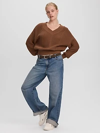 Long-Sleeve V-Neck Sweater with Half-Cardigan Stitches