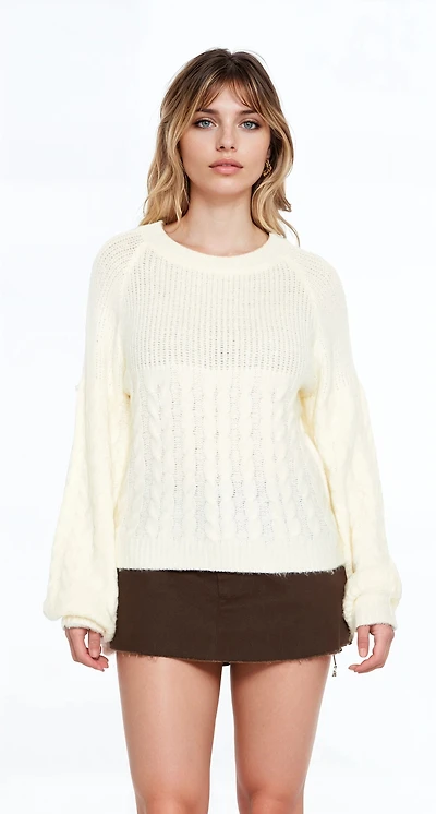 Peasant-Sleeve Cable Knit Sweater