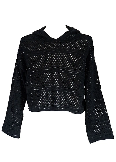 Plus Cropped Hooded Open-Knit Sweater