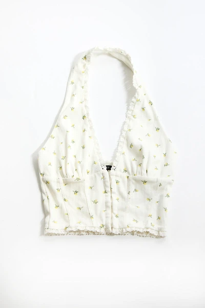 Floral Lace-Trim Halter Crop Top