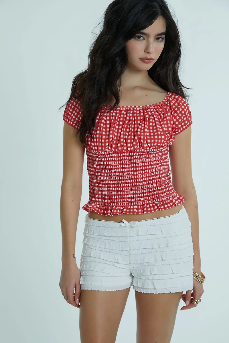 Tiered Ruffle-Trim Bow Shorts