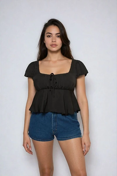 Satin Puff-Sleeve Peplum Crop Top