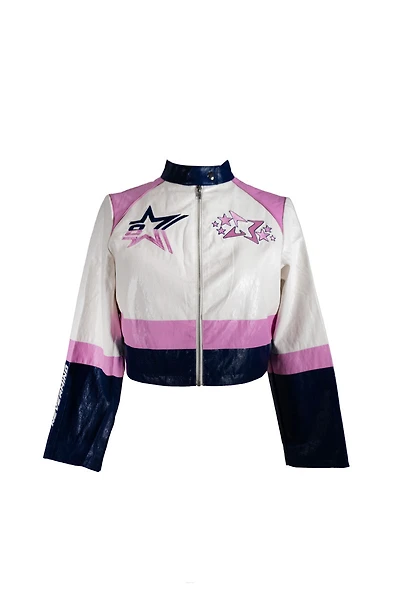 Plus Cropped Faux Leather Colorblock Zip-Up Jacket