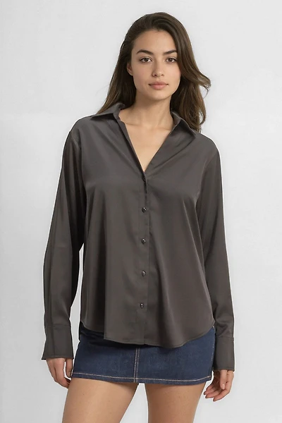 Satin Button-Front Shirt
