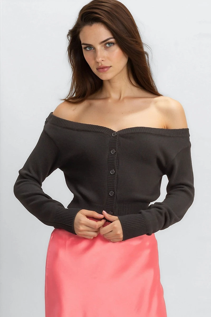 Off-The-Shoulder Cropped Button-Front Sweater