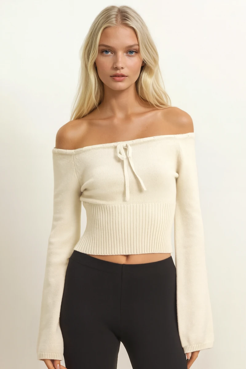 Off-The-Shoulder Tie-Front Sweater Top