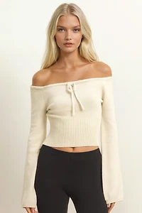 Off-The-Shoulder Tie-Front Sweater Top
