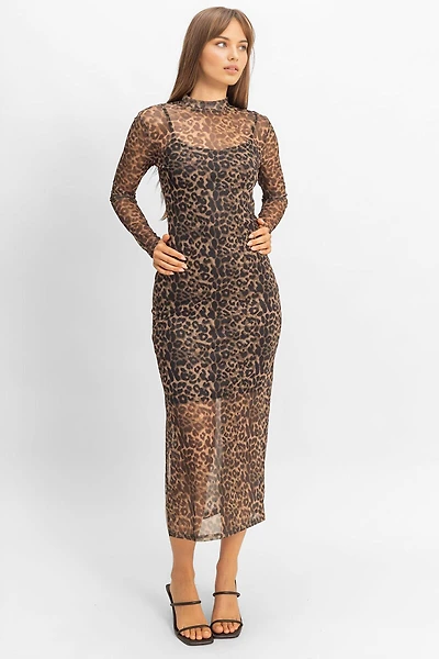 Mesh Leopard Print Midi Dress