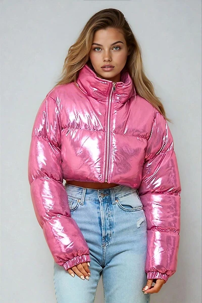 Cropped Metallic Puffer Jacket