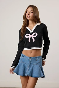 Collared Cropped Graphic Bow Sweater
