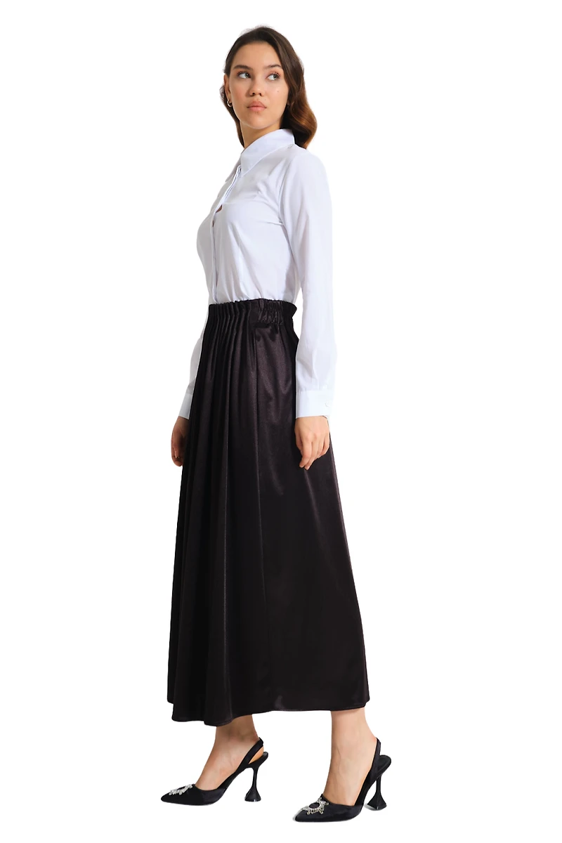 Black Waisted Pleated Midi Skirt