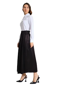 Black Waisted Pleated Midi Skirt