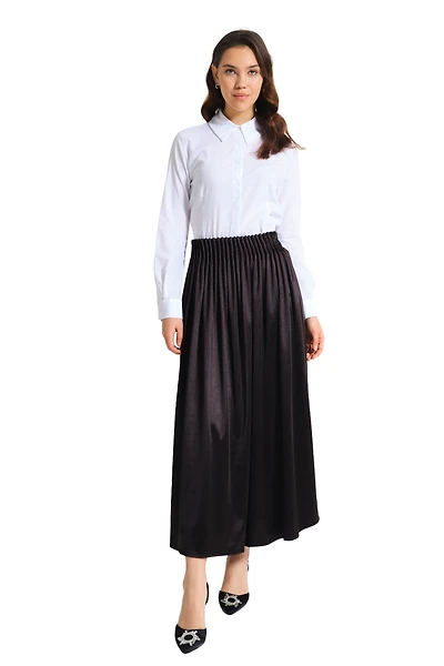 Black Waisted Pleated Midi Skirt