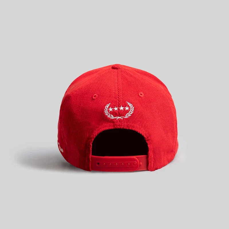 ALL HUSTLE NO LUCK RED CORDUROY TRUCKER HAT