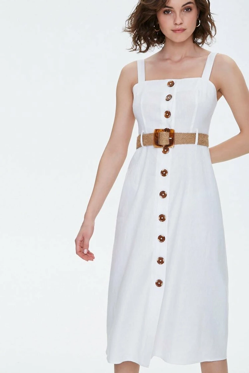 Linen-Blend Belted Midi Dress