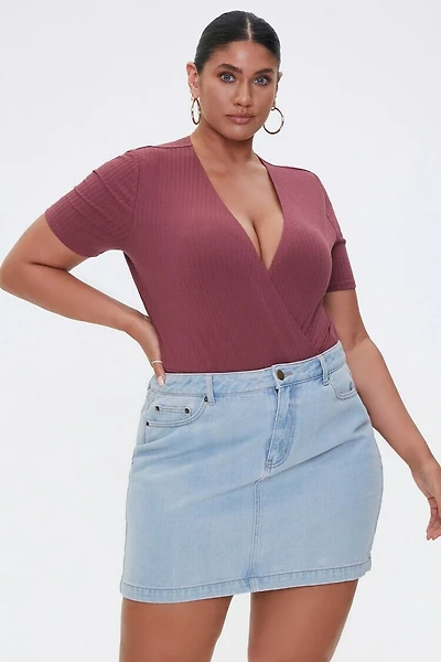 Plus Size Ribbed Surplice Bodysuit