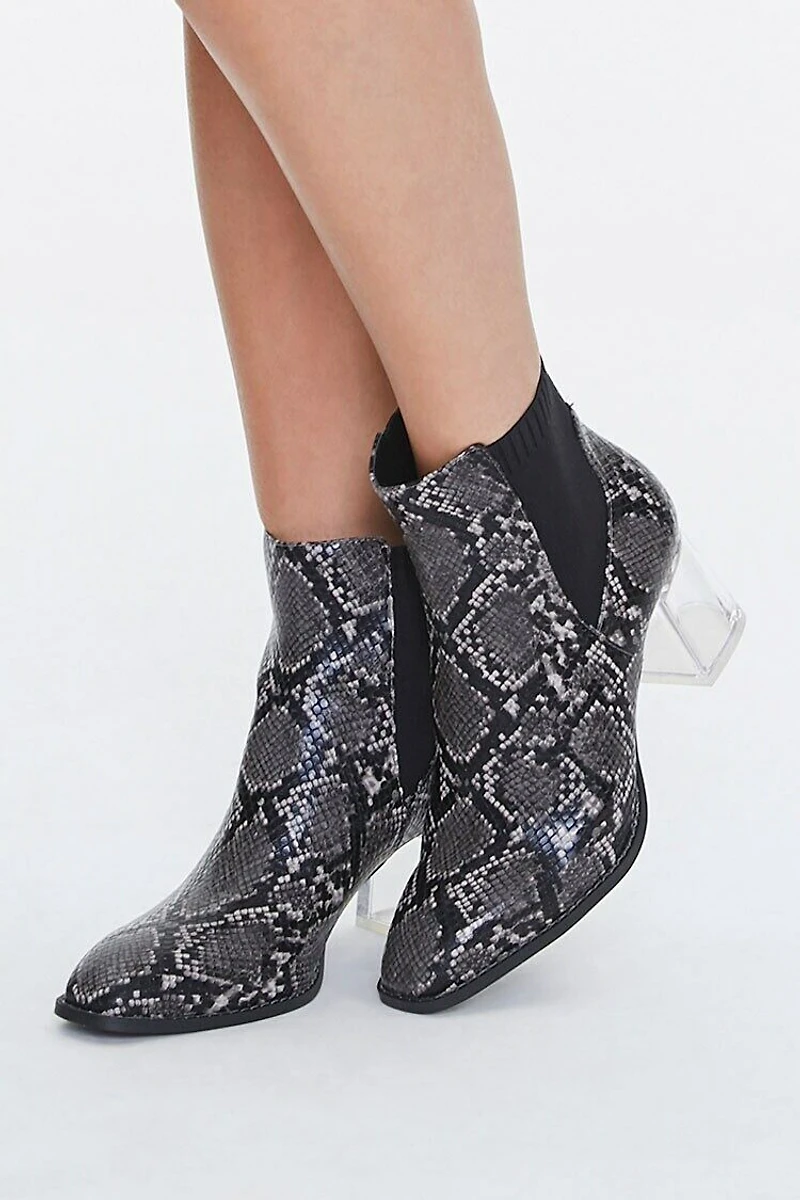 Faux Snakeskin Lucite Booties