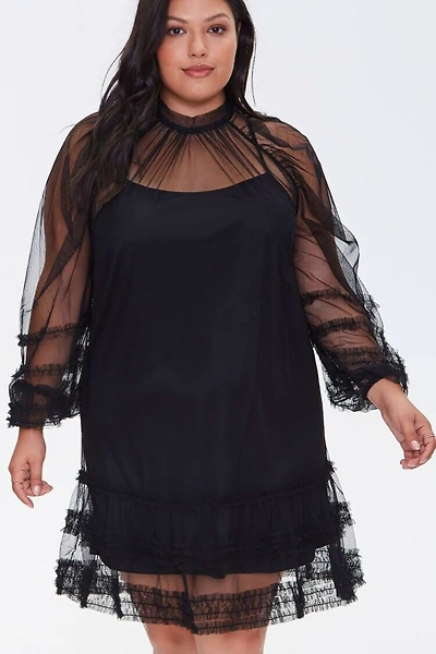 Plus Size Ruffled Mesh Mini Dress