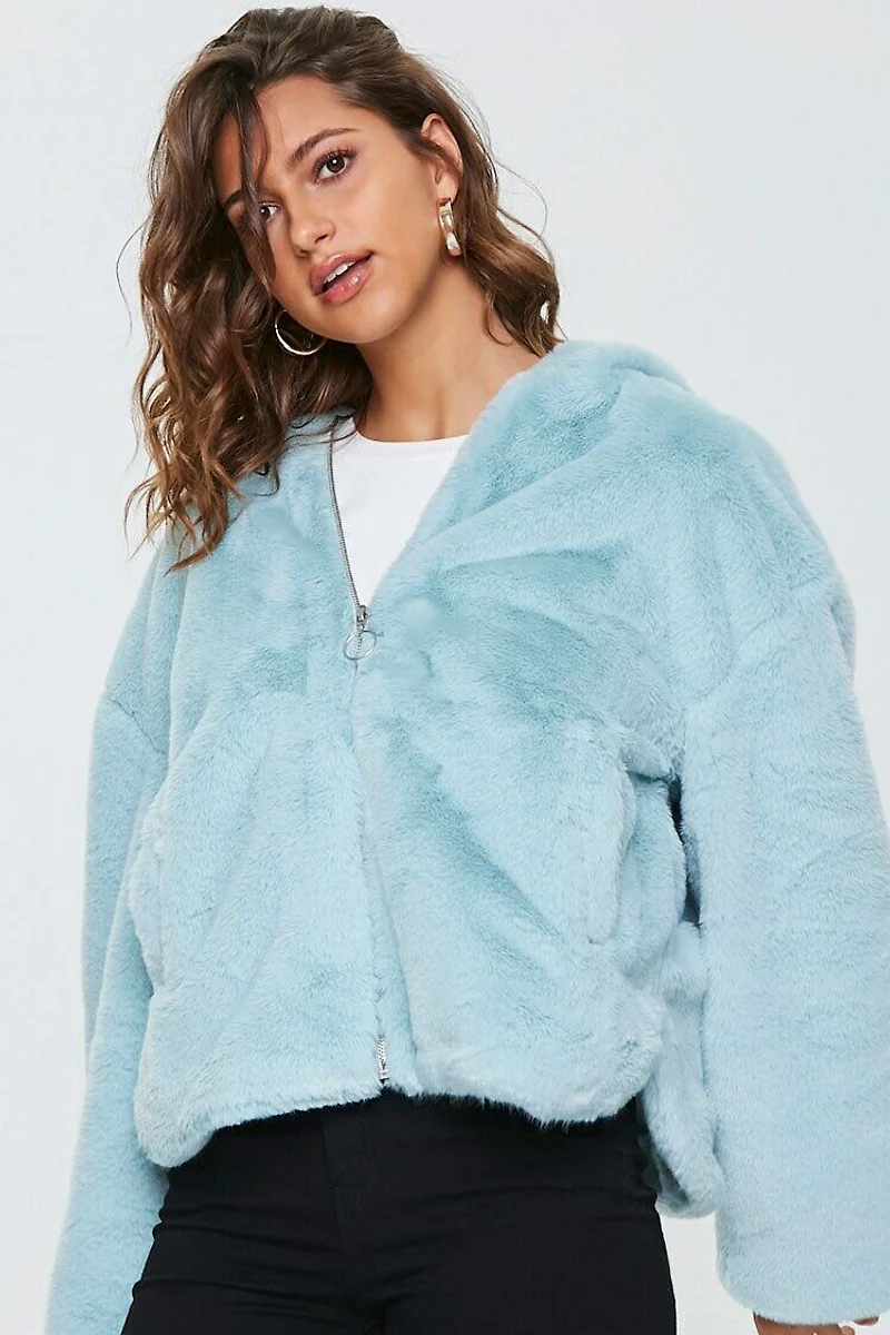 Plush Faux Fur Zip-Up Hoodie
