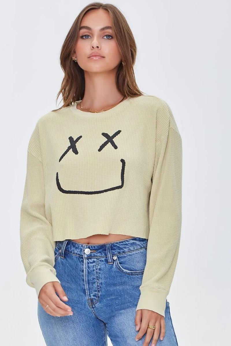 Happy Face Graphic Cropped Tee