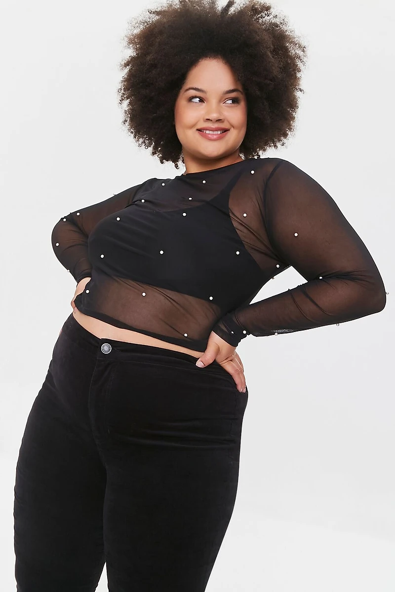 Plus Size Mesh Faux Pearl Top