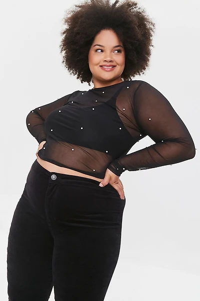 Plus Size Mesh Faux Pearl Top