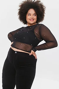 Plus Size Mesh Faux Pearl Top
