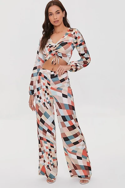 Satin Geo Print Wide-Leg Pants