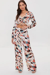 Satin Geo Print Wide-Leg Pants