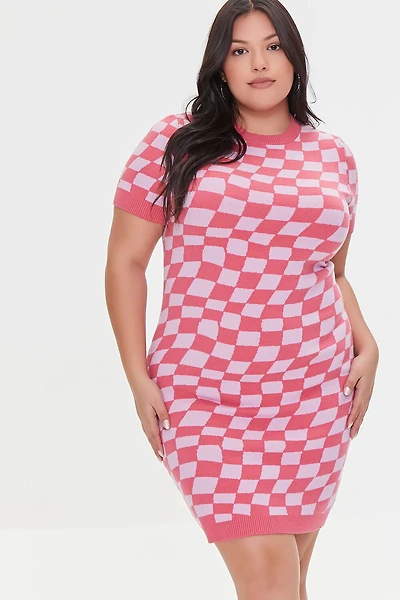 Plus Size Checkered Sweater Dress