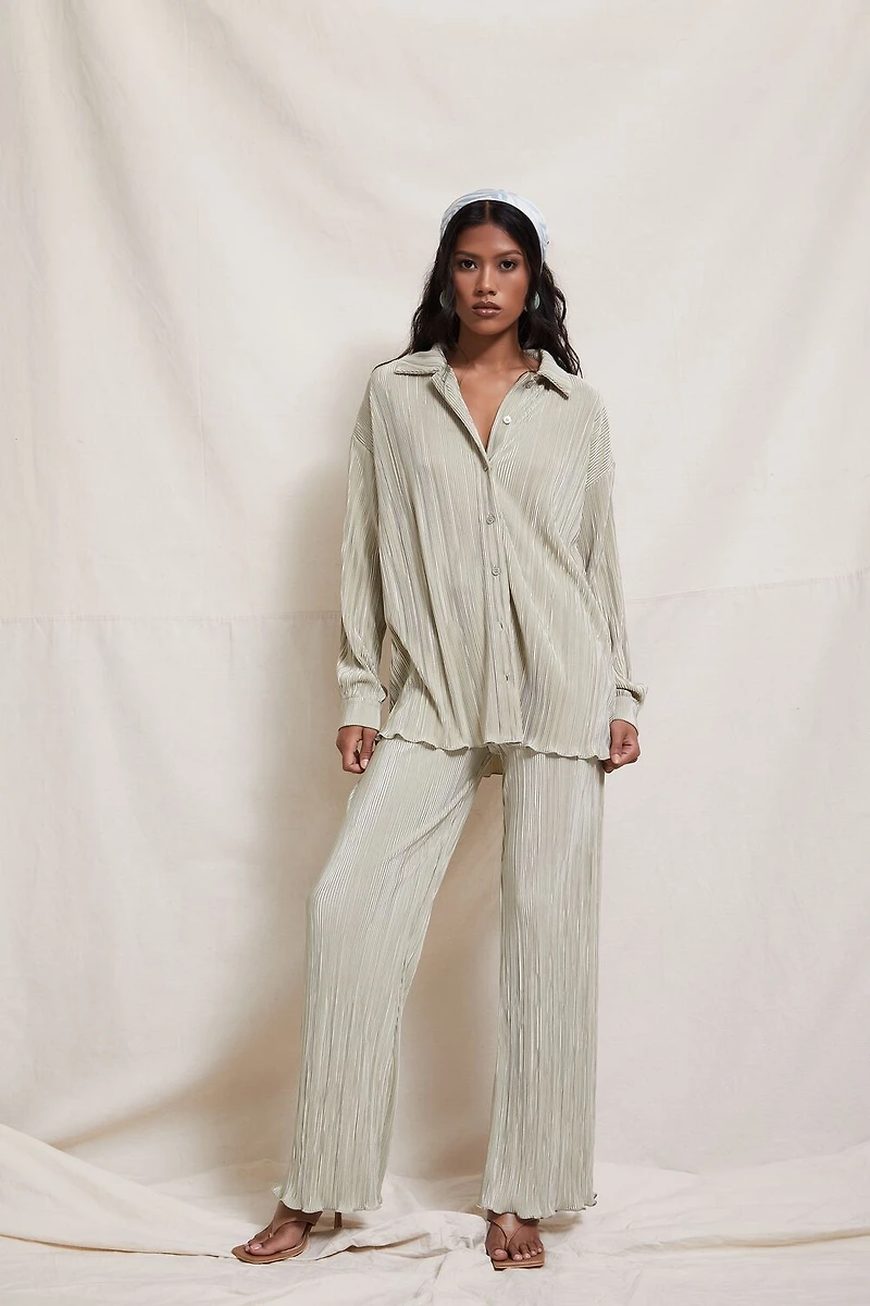 Plisse Lettuce-Edge Shirt & Pants Set