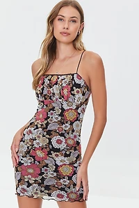 Floral Print Mesh Mini Dress