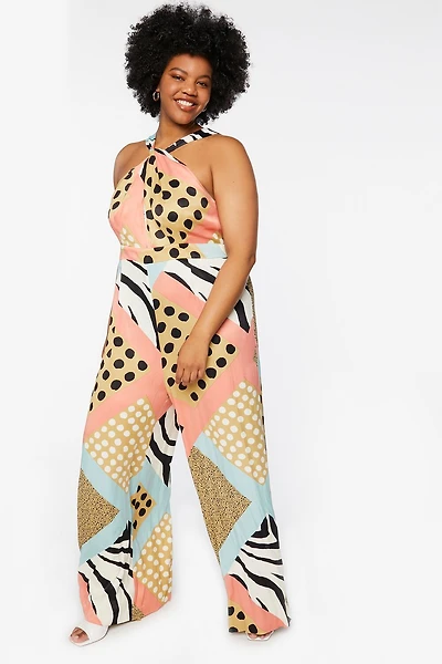 Plus Size Mixed Print Wide-Leg Jumpsuit