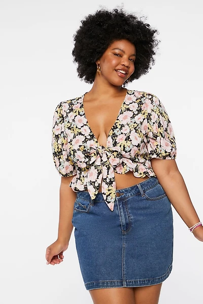 Plus Size Floral Tie-Front Crop Top